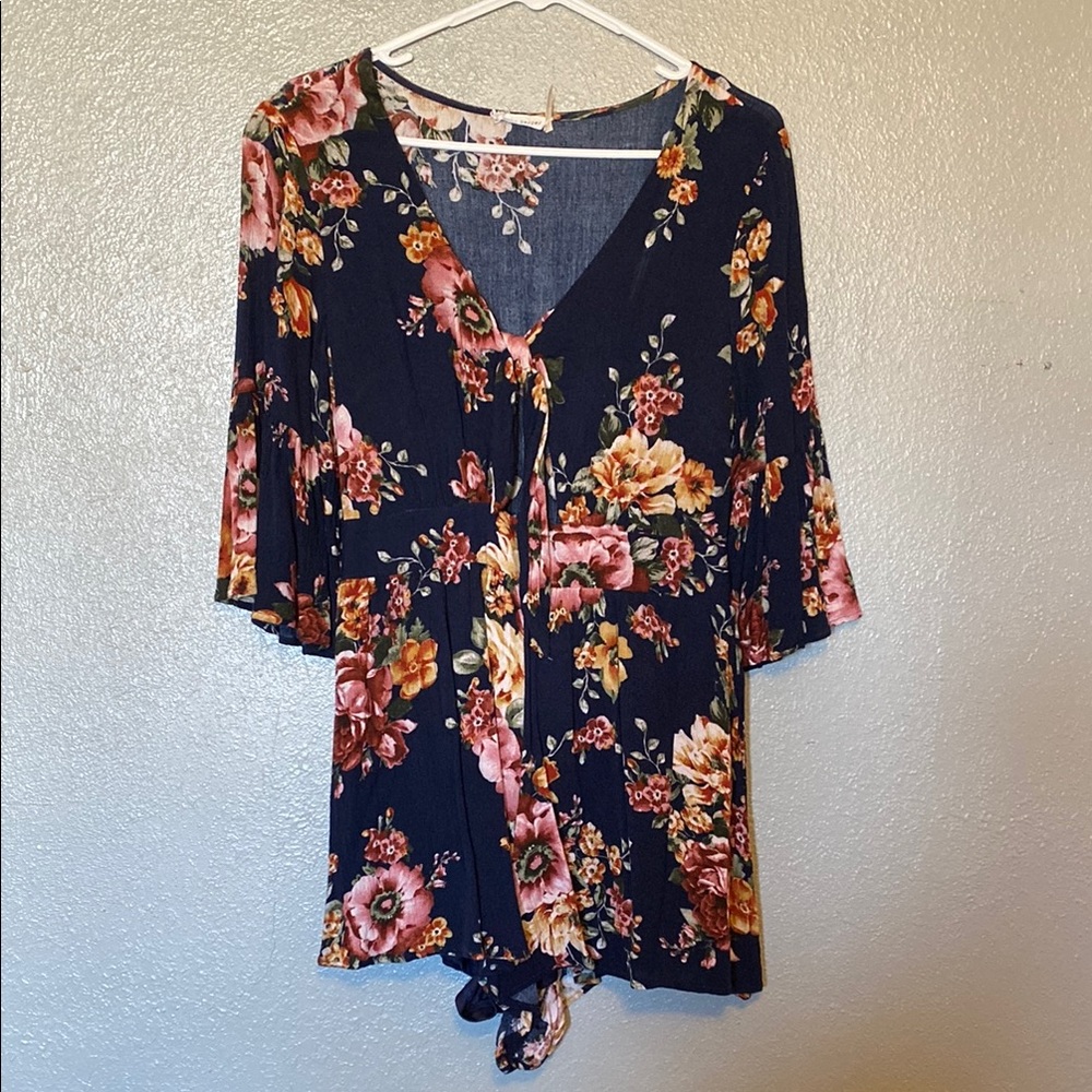 Blu Pepper Blue Floral Tie Front V-Neck Bell Sleeve Romper
